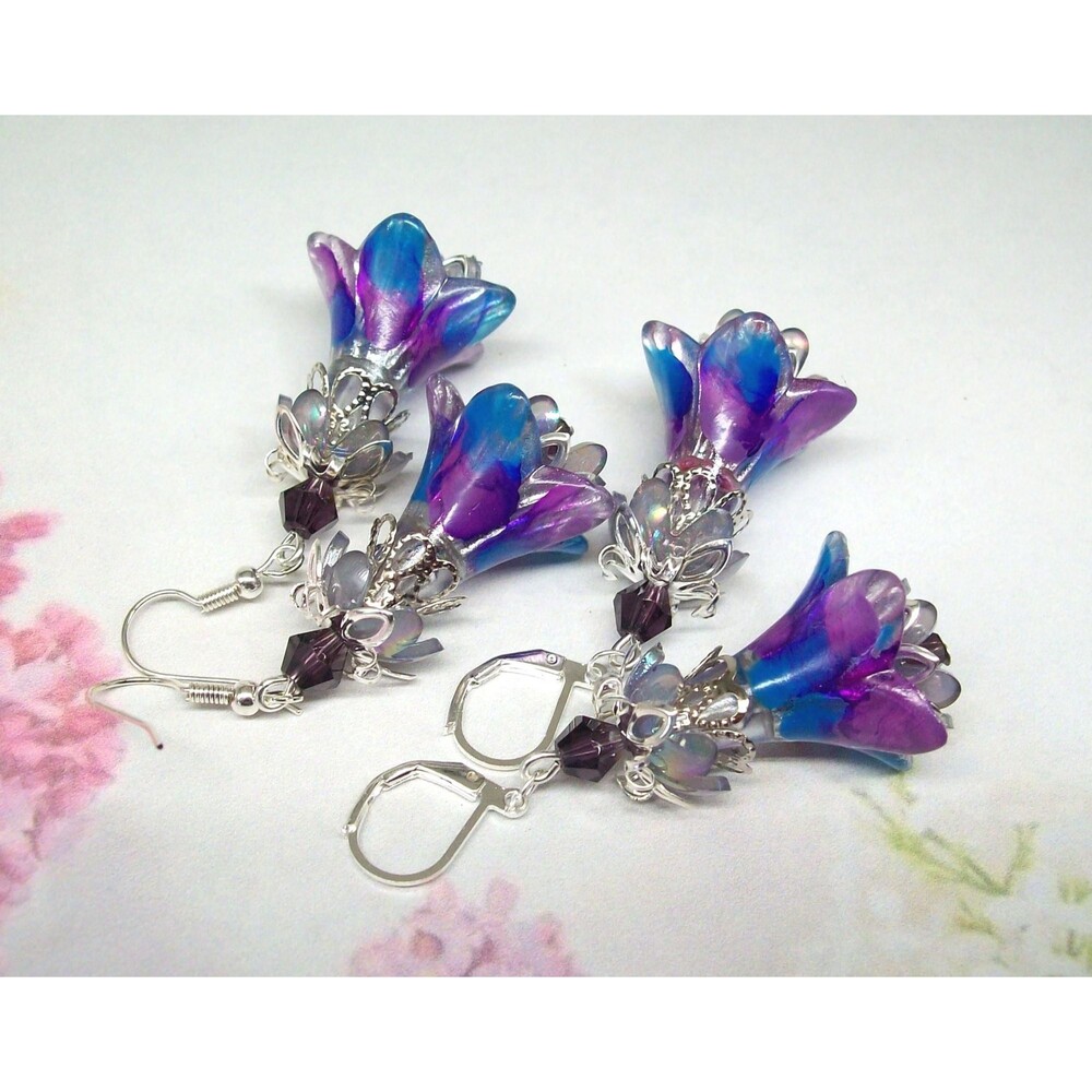 Boho Flower Earrings Dangle, Silver, Hand Painted, Artisan Crafted Floral Jewelr